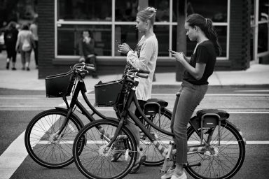 cell phone, bike, Portland, women
