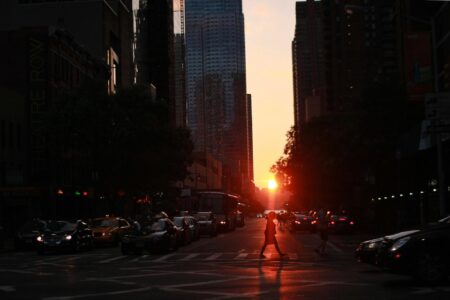 natural phenomenon, sunset, Manhattanhenge, grid alignment, skyscraper frame