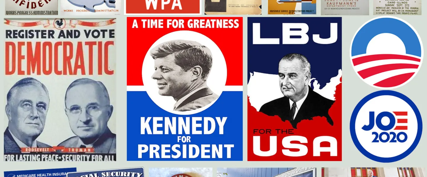 Democratic campaign signs, posters, button, WPA, FDR, JFK, LBJ, Obama, Biden