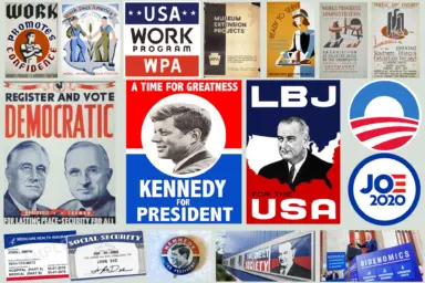 Democratic campaign signs, posters, button, WPA, FDR, JFK, LBJ, Obama, Biden