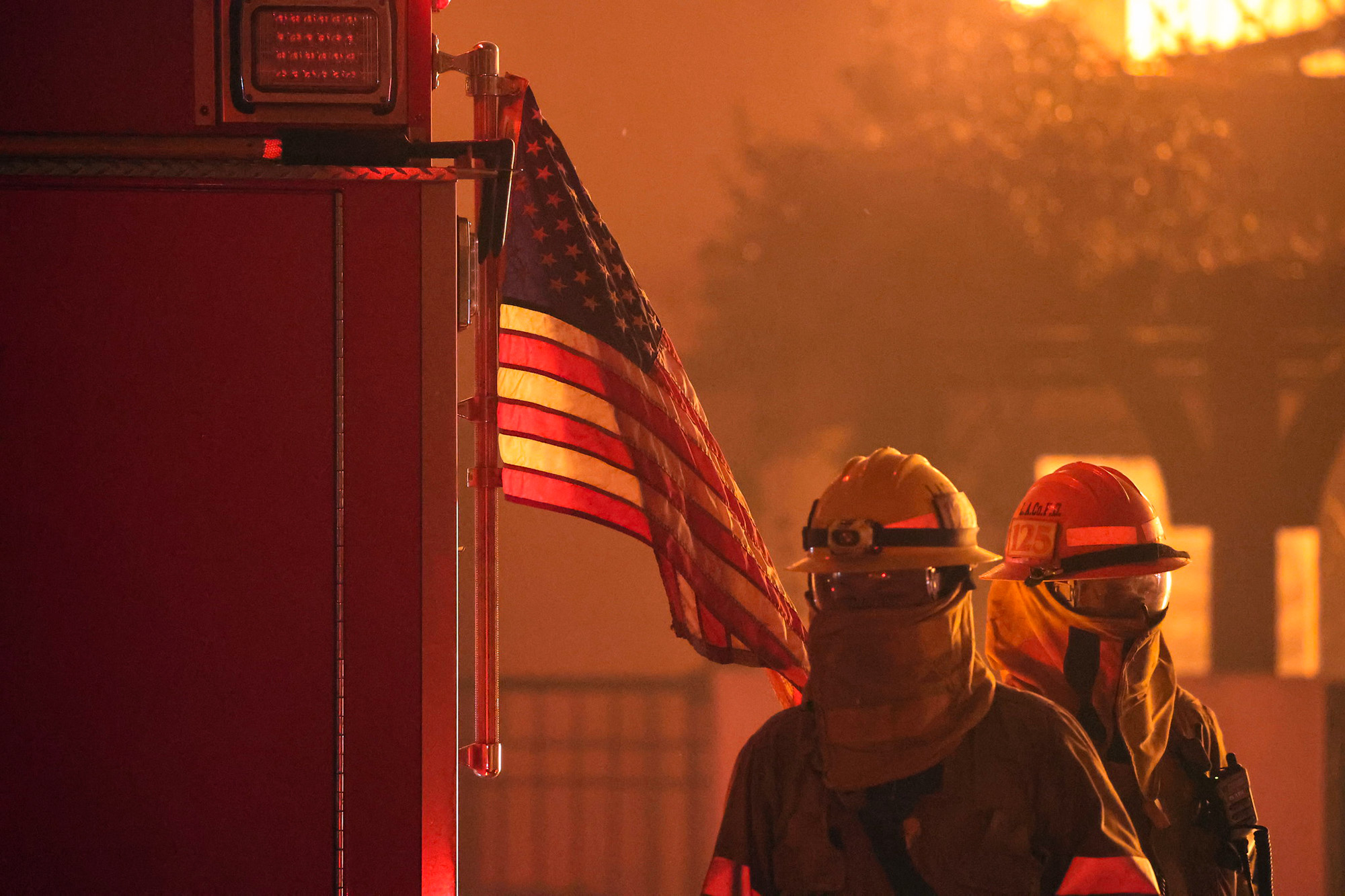 Firefighter, Flag, Palisades Fire, Los Angeles, 2025