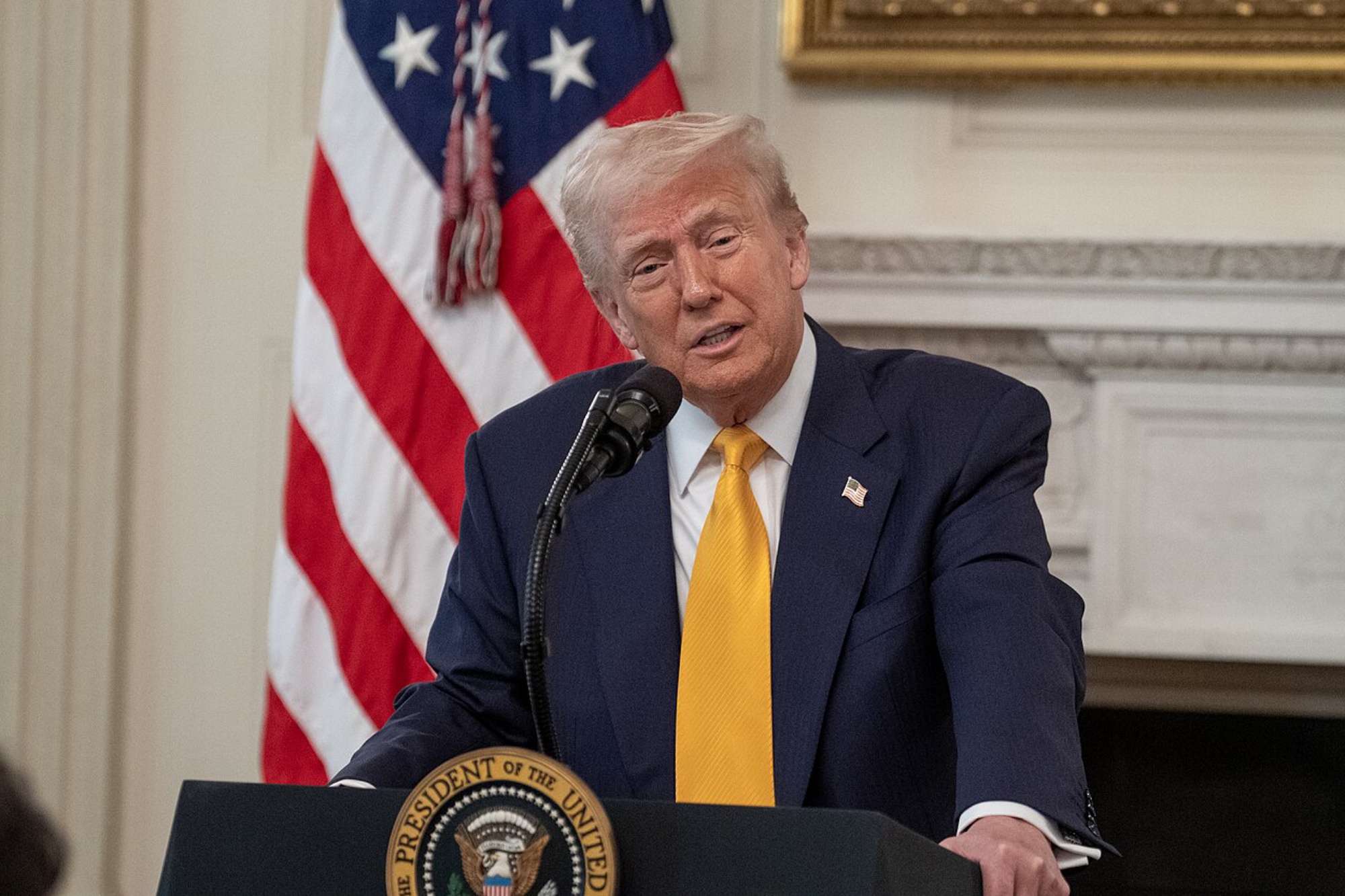 President Donald Trump, speaking, podium