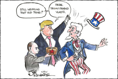 Cartoon, Uncle Sam, Donald Trump, Vladimir Putin