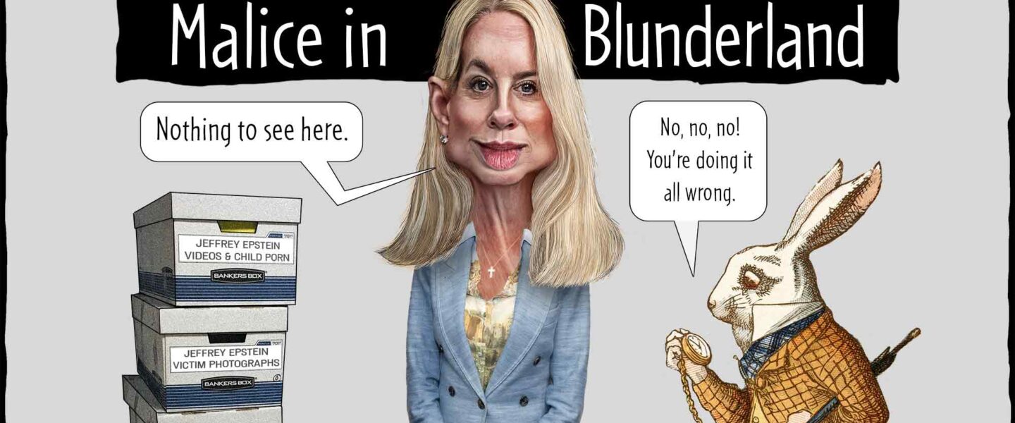 Cartoon, Pam Bondi, Jeffrey Epstein, Donald Trump, DOJ