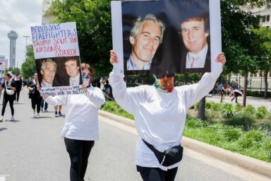 Protest posters, Donald Trump, convicted sex trafficker, Jeffrey Epstein
