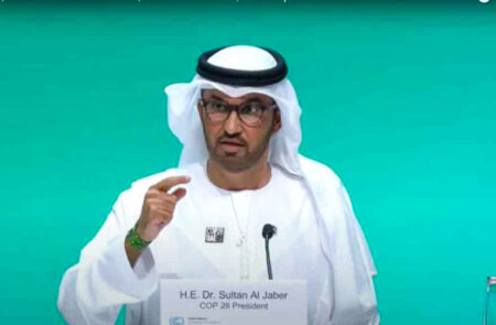 Sultan Ahmed Al Jaber, speaking, COP 28
