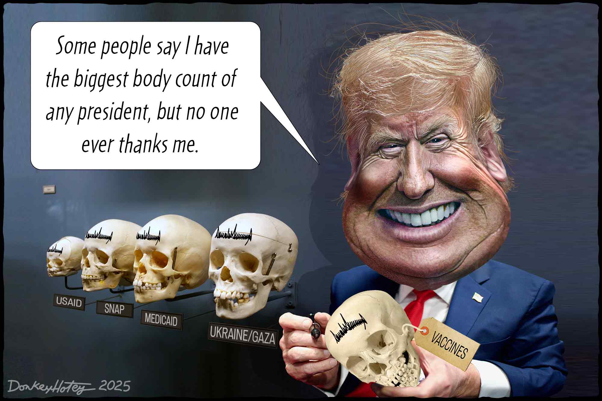 Cartoon, Donald Trump, Deaths, body count, skull collection
