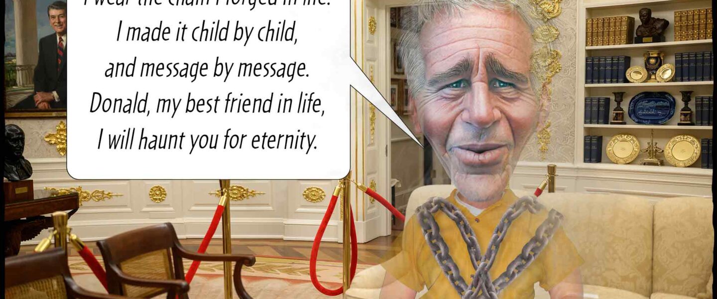 Cartoon, Jeffrey Epstein, ghost, haunt, Donald Trump