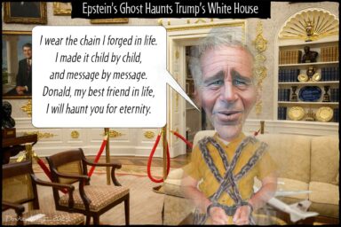Cartoon, Jeffrey Epstein, ghost, haunt, Donald Trump
