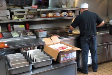 fast food worker, kitchen, cooking, heat