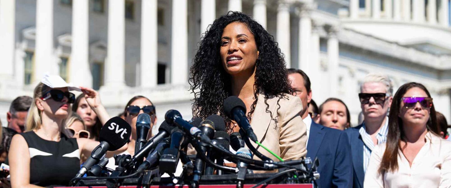 Lisa Phillips, speaks, news conference, Epstein survivors