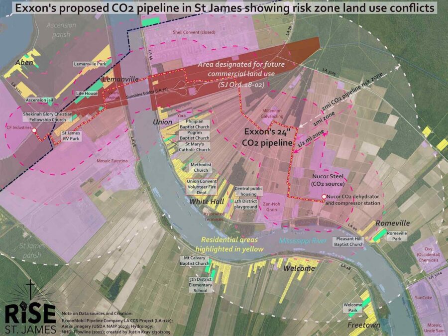 Map, Exxon, proposed CO2 pipeline, St. James, land use conflicts