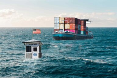 Customs house, toll booth, container ship