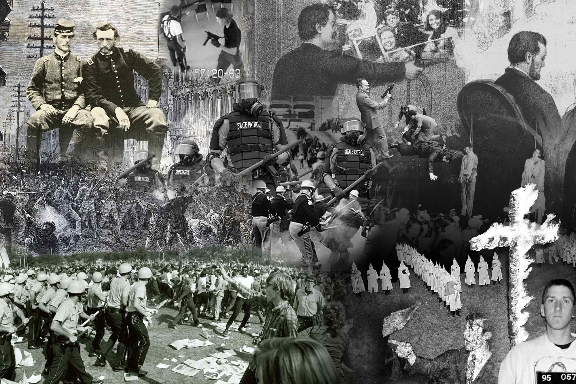 Assassinations, police violence, violent protests, lynching, civil war, Jim Crow, labor fights