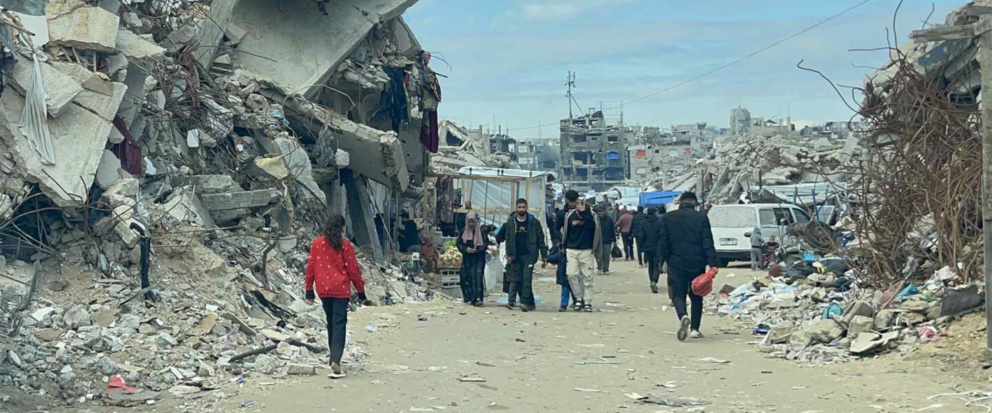 Palestinians in the ruins of Gaza on February 22, 2025.