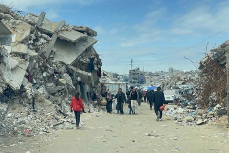 Palestinians in the ruins of Gaza on February 22, 2025.