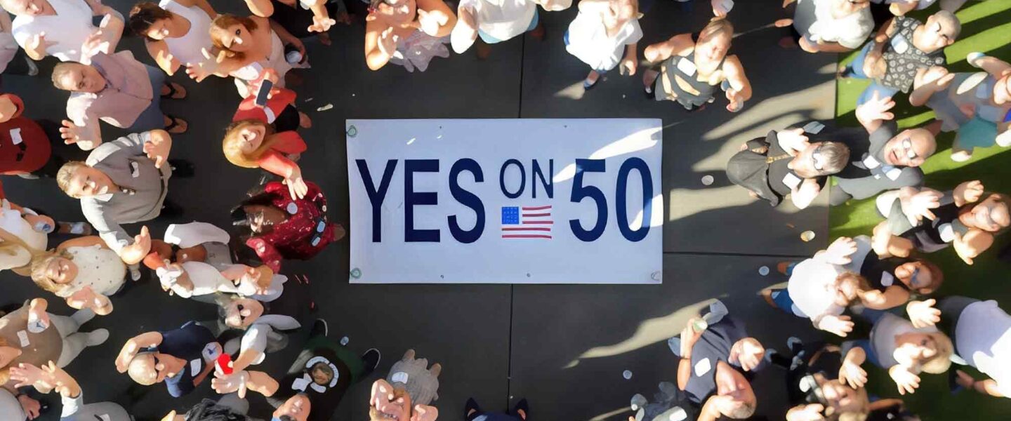 Yes on 50, sign, crowd