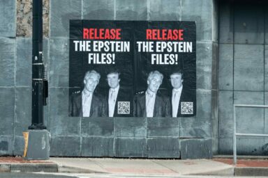 Epstein, Trump, protest posters, Washington, DC