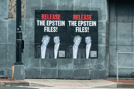 Epstein, Trump, protest posters, Washington, DC