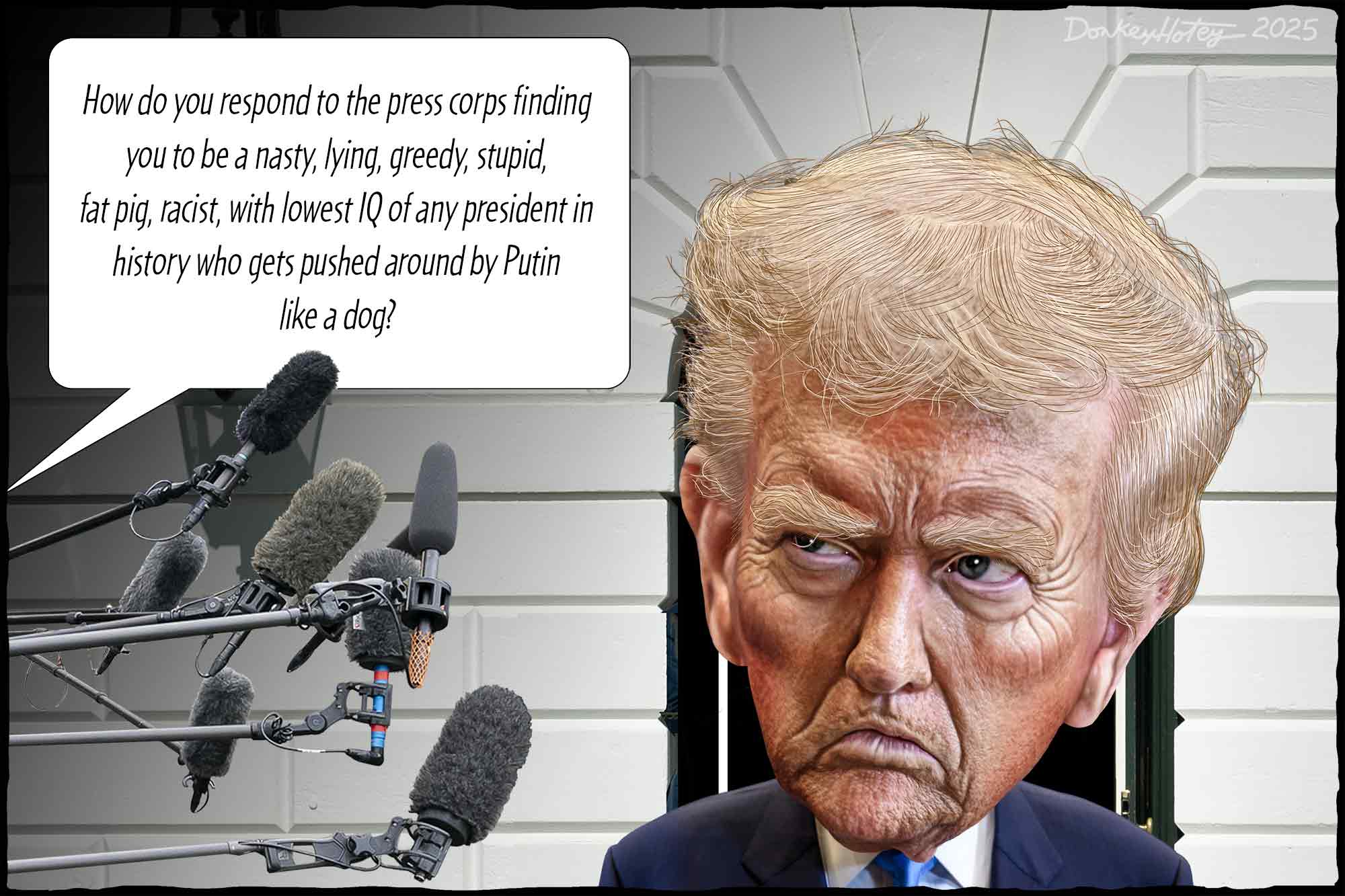 Donald Trump, White House, reporters, protest, piggy