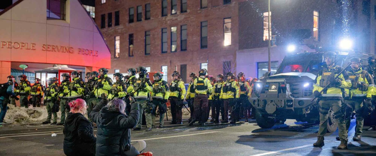 Police, face-off, anti-ICE protesters, Minneapolis