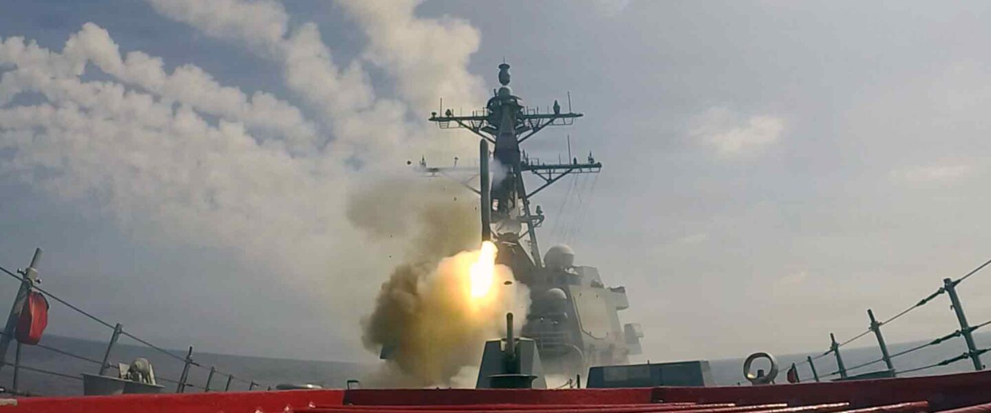 Arleigh Burke-class guided-missile destroyer fires missiles during Operation Epic Fury, USS Frank E. Petersen Jr.