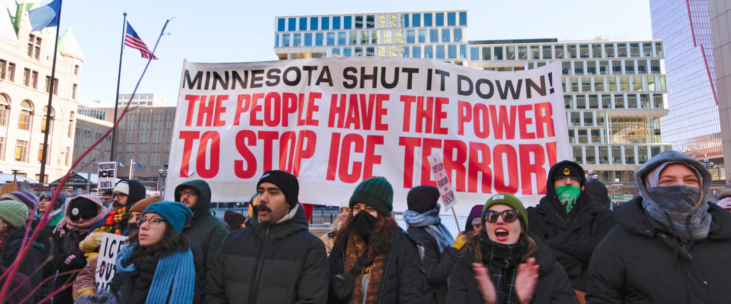 Image Alt Text: Sign, Minnesota Shut It Down, The People have the power to stop ice terror Minnesota