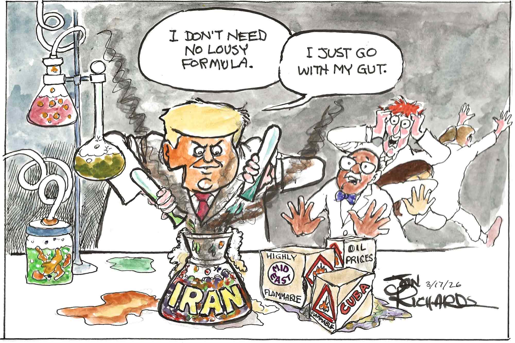 Donald Trump, Mad Scientist, going with his gut, Iran