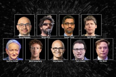 AI, Sergey Brin, Sundar Pichai, Sam Altman, Elon Musk, Geoffrey Hinton, Mark Zuckerberg, Satya Nadella, Dario Amodei, Demis Hassabis.