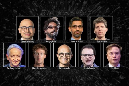AI, Sergey Brin, Sundar Pichai, Sam Altman, Elon Musk, Geoffrey Hinton, Mark Zuckerberg, Satya Nadella, Dario Amodei, Demis Hassabis.
