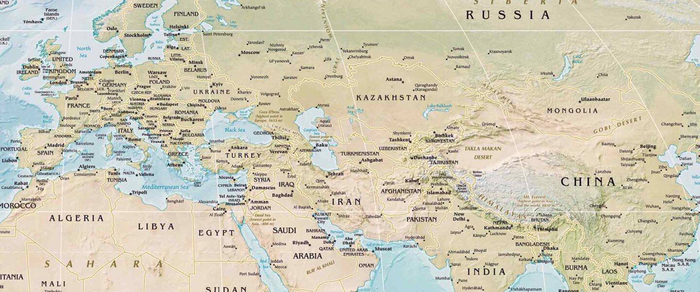 Map of the world, Robinson projection, Europe, Middle East.