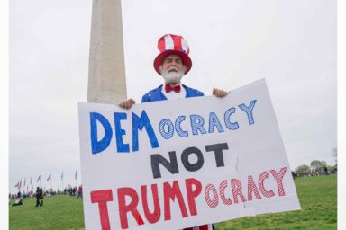 Power Without Ideology Is Doomed Sign, Democracy Not Trumpocracy, Washington Monument