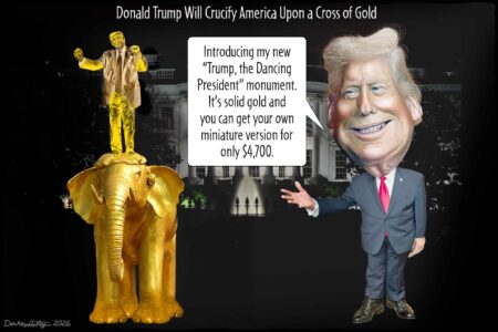 Donald Trump, Dancing President, gold statues, greed corruption