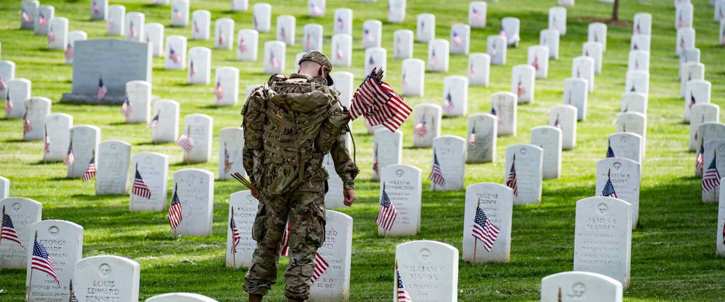 soldier, 3rd US Infantry Regiment, American flags, Arlington National Cemetery