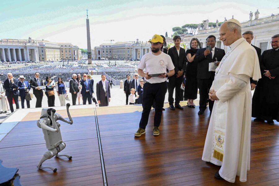 Pope Leo XIV, admires, robot dog