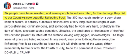 Donald J. Trump, Facebook post, Reflecting Pool, algae scandal.
