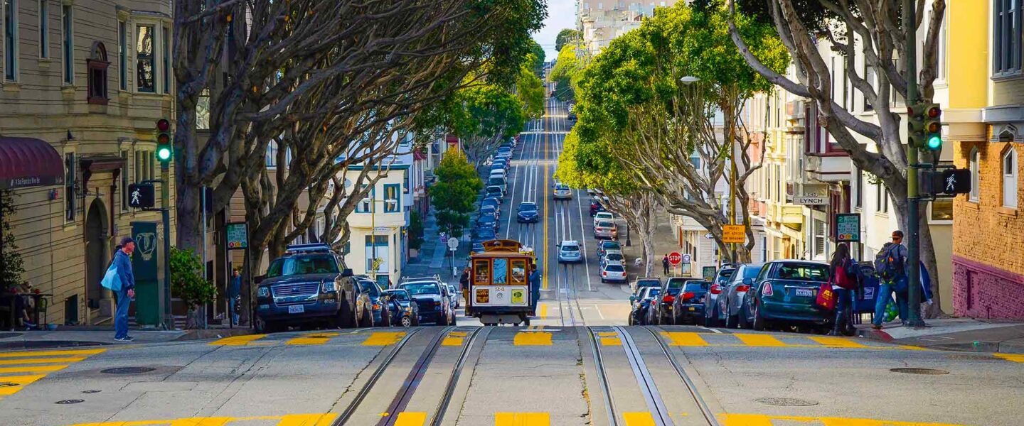 classic cable car, iconic architecture, San Francisco,CA.