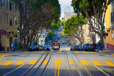 classic cable car, iconic architecture, San Francisco,CA.