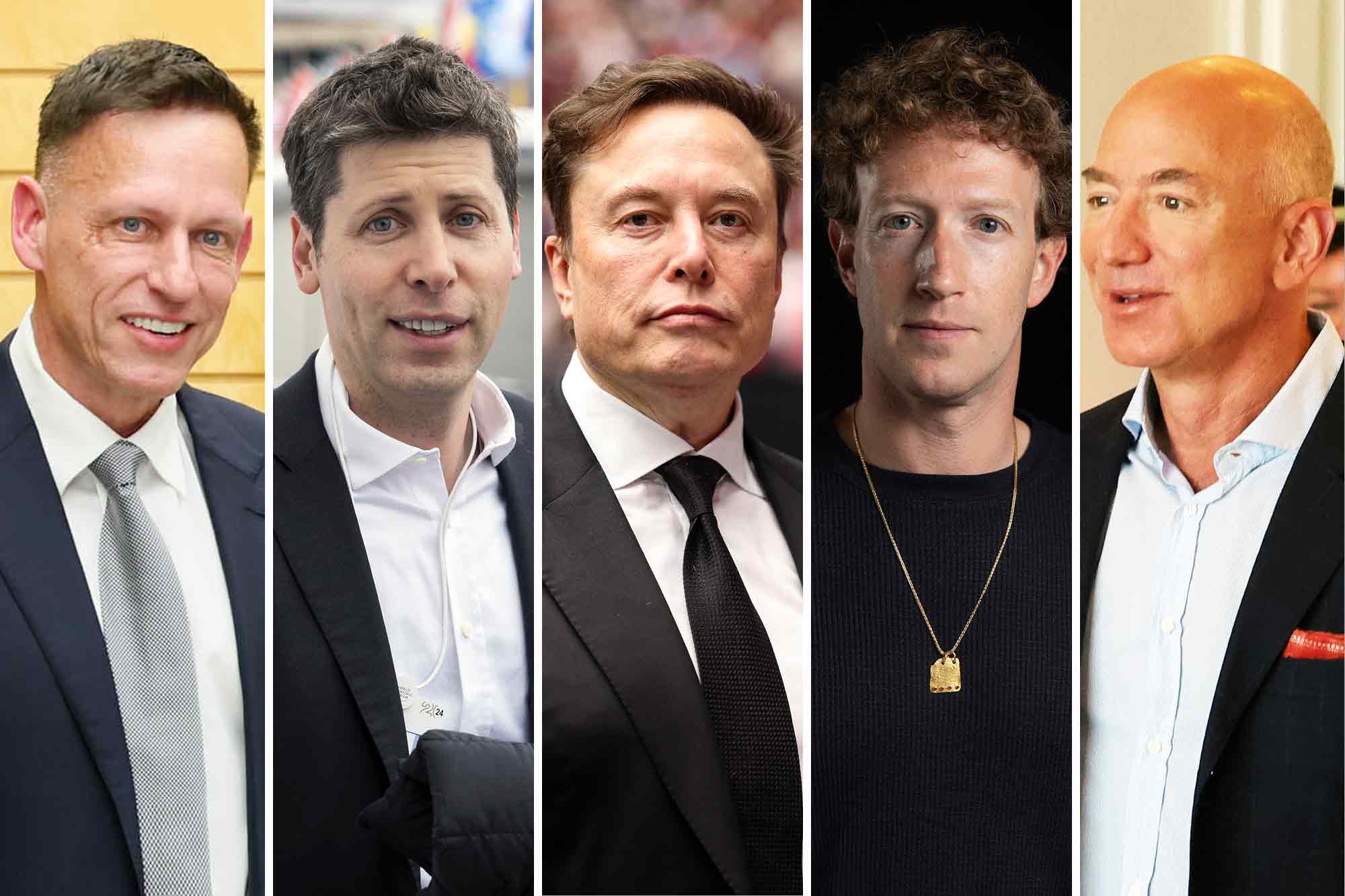 Peter Theil, Sam Altman, Elon Musk, Mark Zuckerberg, Jeff Bezos